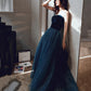 Blue velvet tulle long prom dress A line evening dress  10499