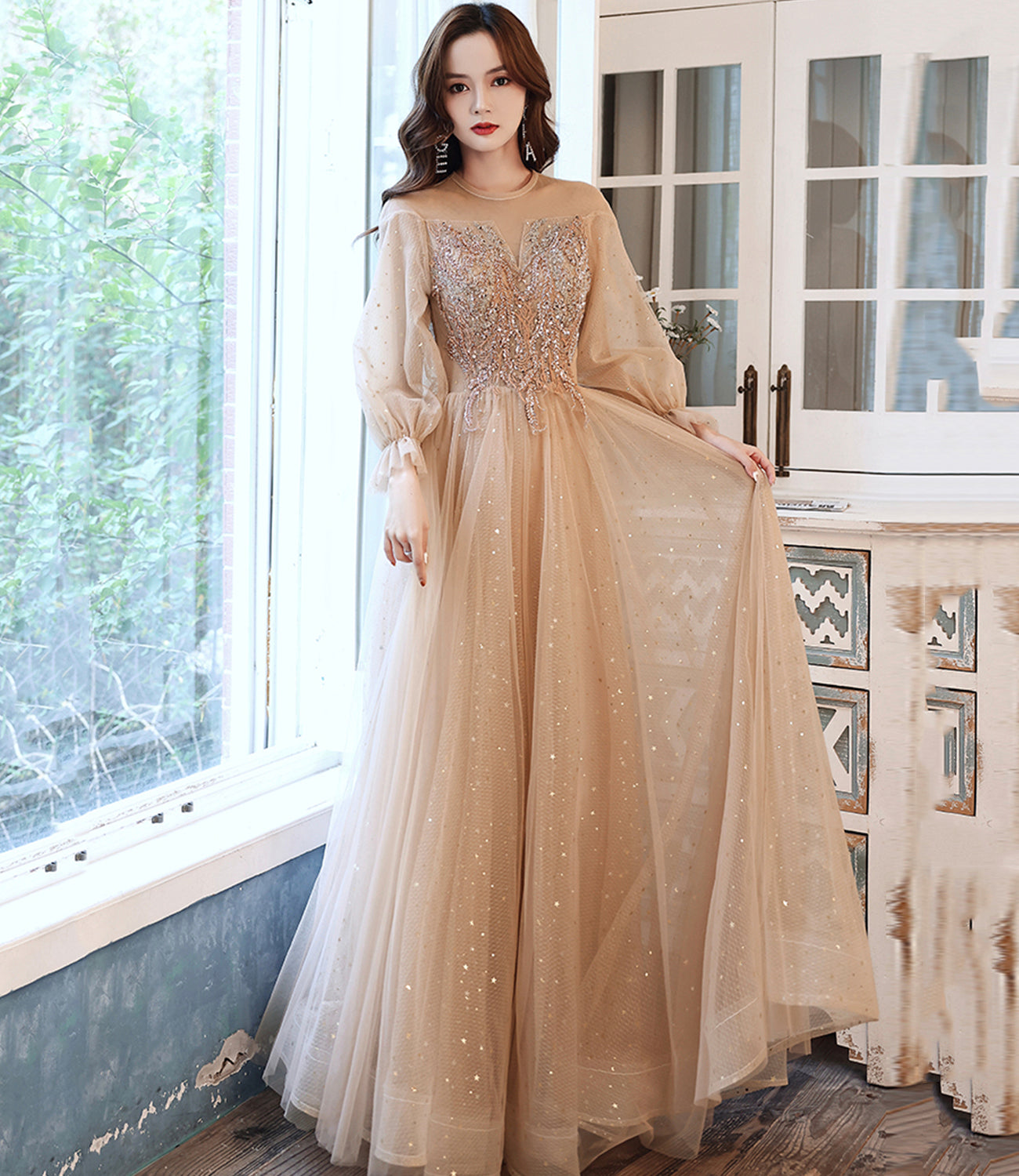 Cute tulle beads long prom dress A line evening dress  10523