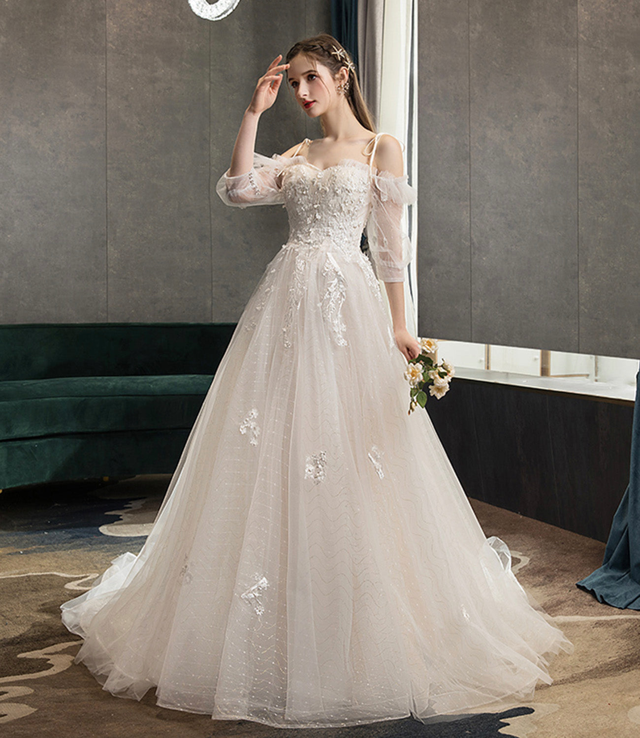 Robe de soirée longue en tulle et dentelle mignonne Robe de soirée trapèze 10573