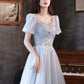 Cute tulle beads long prom dress blue evening dress  10596