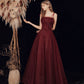 Burgundy tulle beads long prom dress evening dress  10418
