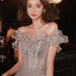Gray tulle sequins long prom dress A line evening dress  10627