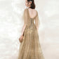 Champagne tulle sequins long prom dress A line evening dress  10548