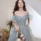 Gray tulle sequins long prom dress A line evening dress  10646