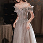 Gray tulle sequins long prom dress A line evening dress  10627