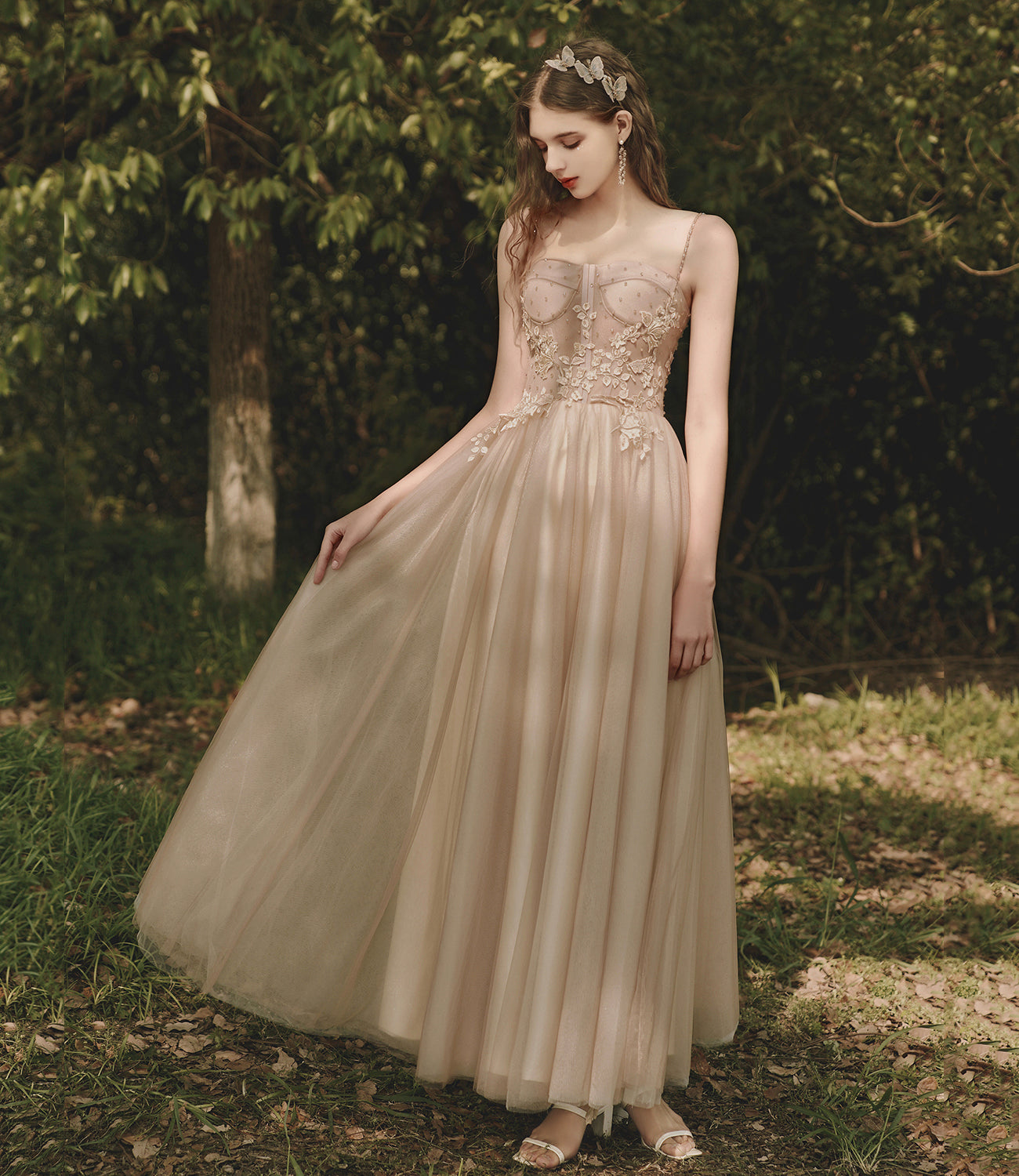 Cute tulle lace long prom dress A line evening dress  10398