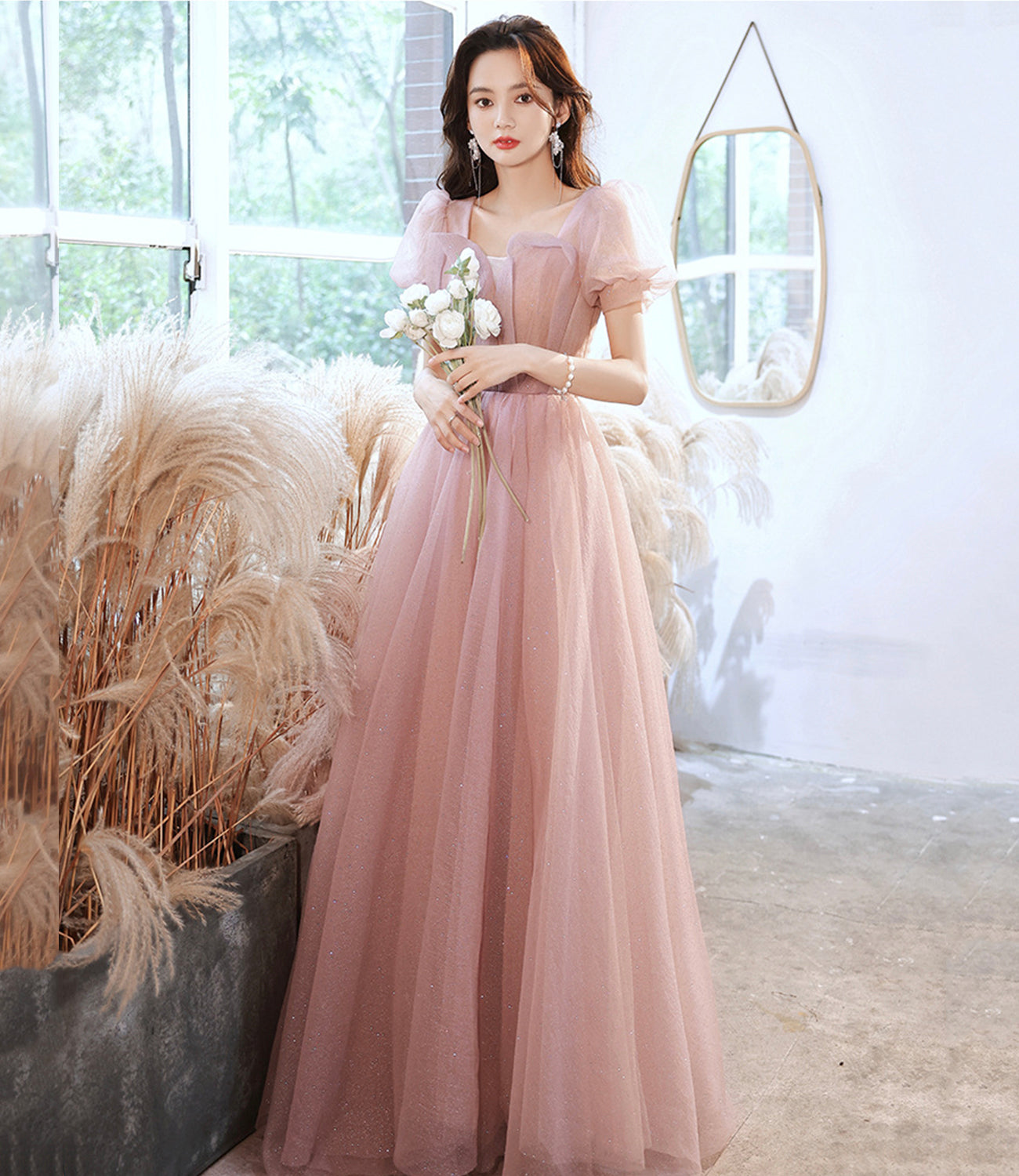 Robe de soirée longue en tulle rose mignonne, coupe A, 10524