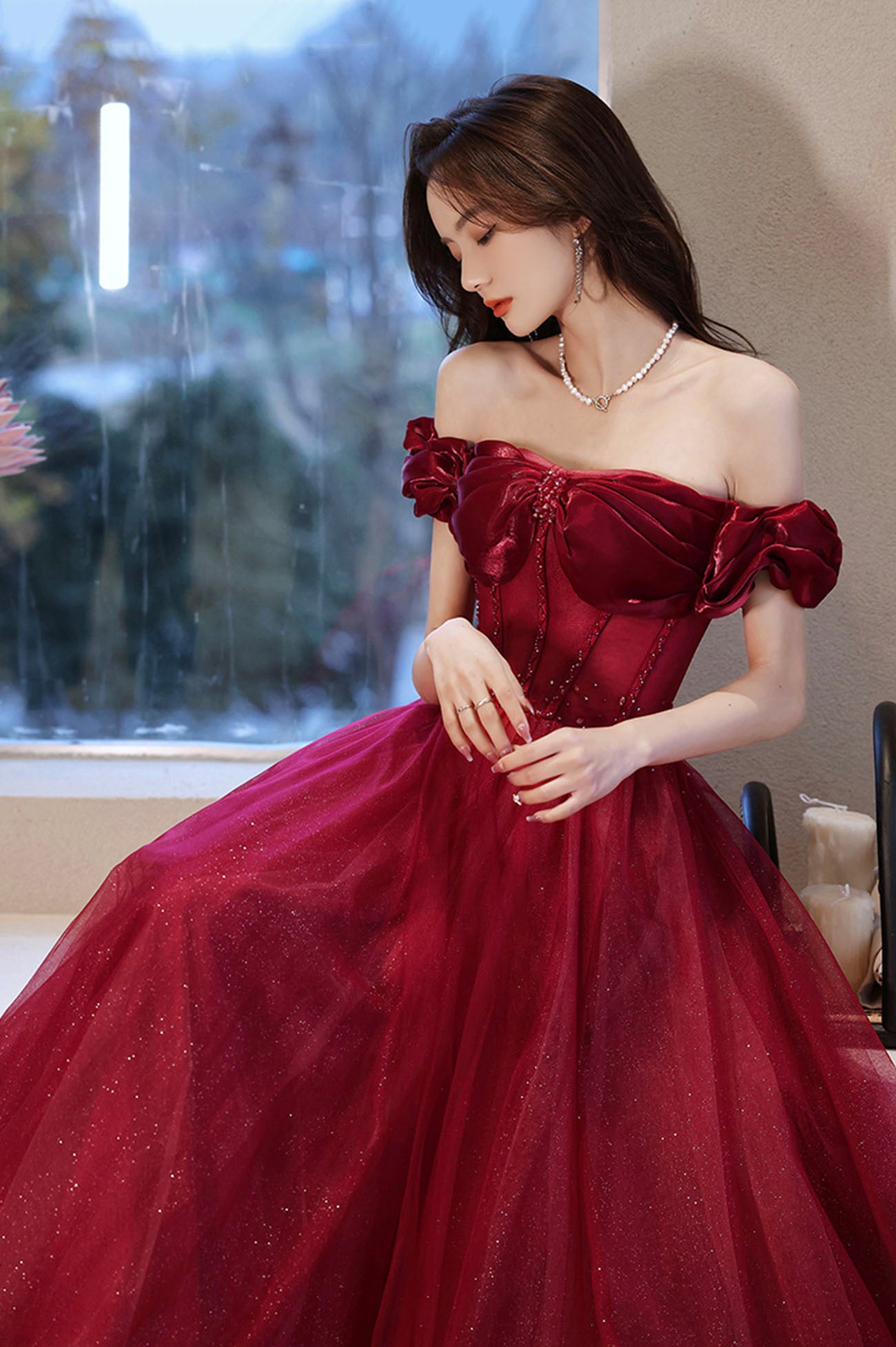 Burgundy tulle beads long prom dress evening dress  10584