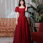 Burgundy satin tulle long prom dress A line evenig dress  10383
