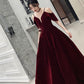 Burgundy velvet long prom dress A line evening gown  10370