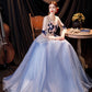 Blue tulle applique long prom dress blue evening dress  10534