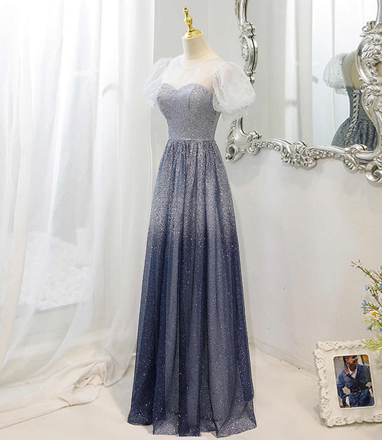 Gray tulle beads long prom dress A line evening dress  10483