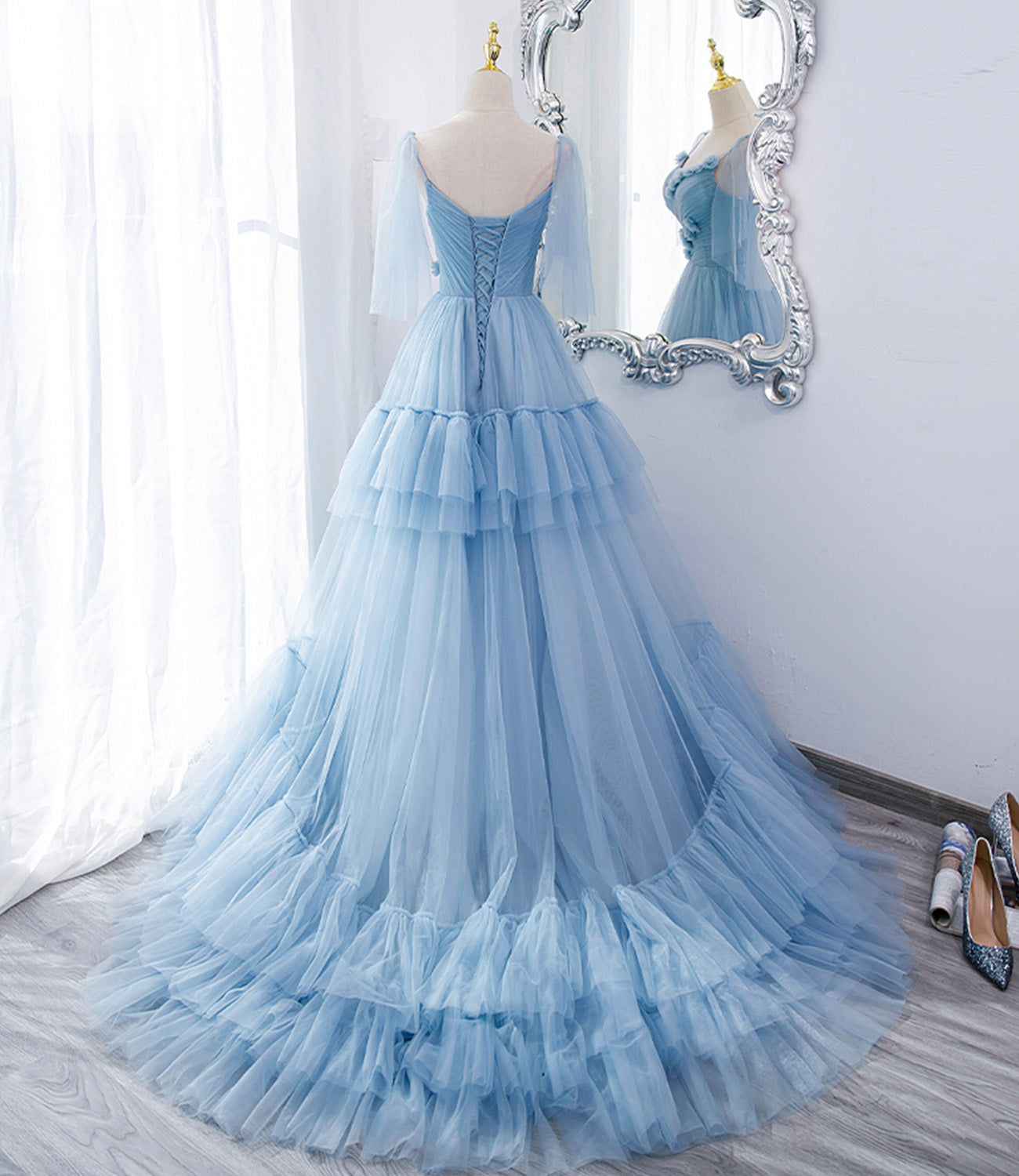 Blaues langes Ballkleid aus Tüll in A-Linie blaues Abendkleid 10551