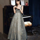 Robe de soirée trapèze en tulle gris à paillettes 10433