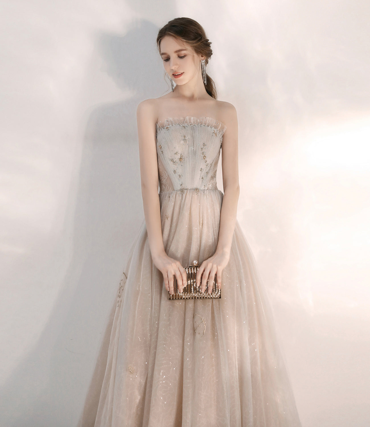 Champagner Tüll Pailletten langes Ballkleid Abendkleid 10375