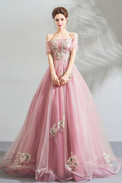 Rosa Tüll Spitze langes Ballkleid Abendkleid 10623