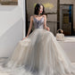 Gray tulle beads long prom dress A line evening dress  10514