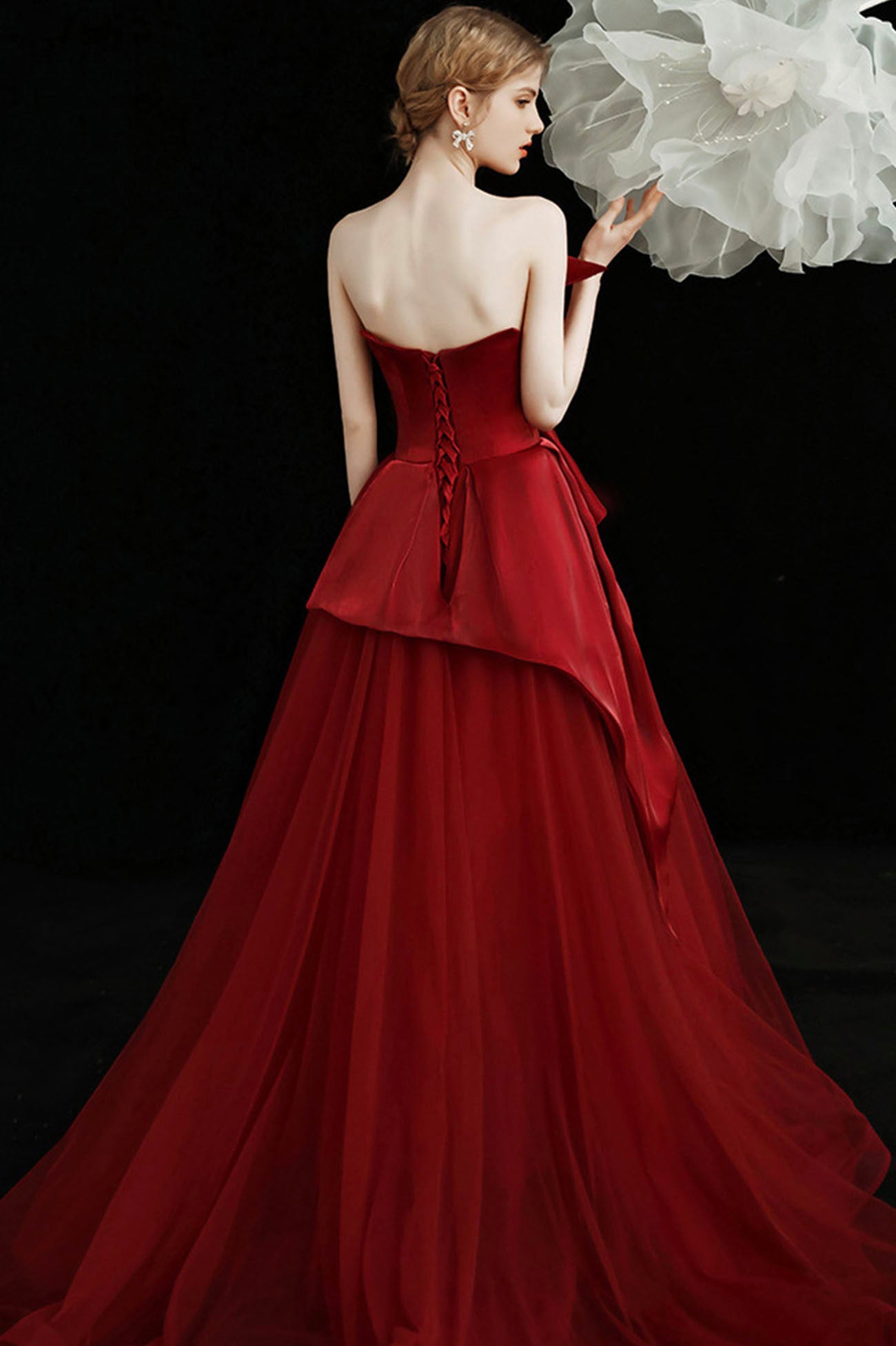 Burgund Tüll langes Ballkleid A-Linie Abendkleid 10603