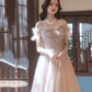 Champagne tulle long prom dress A line evening dress  10388
