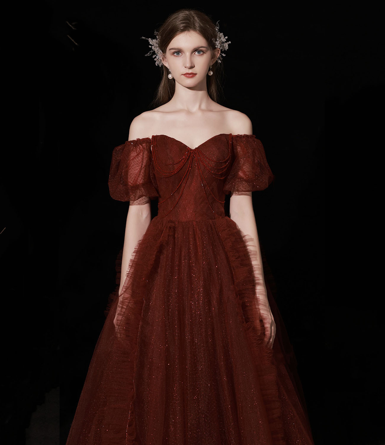 Burgund Tüll langes Ballkleid A-Linie Abendkleid 10439