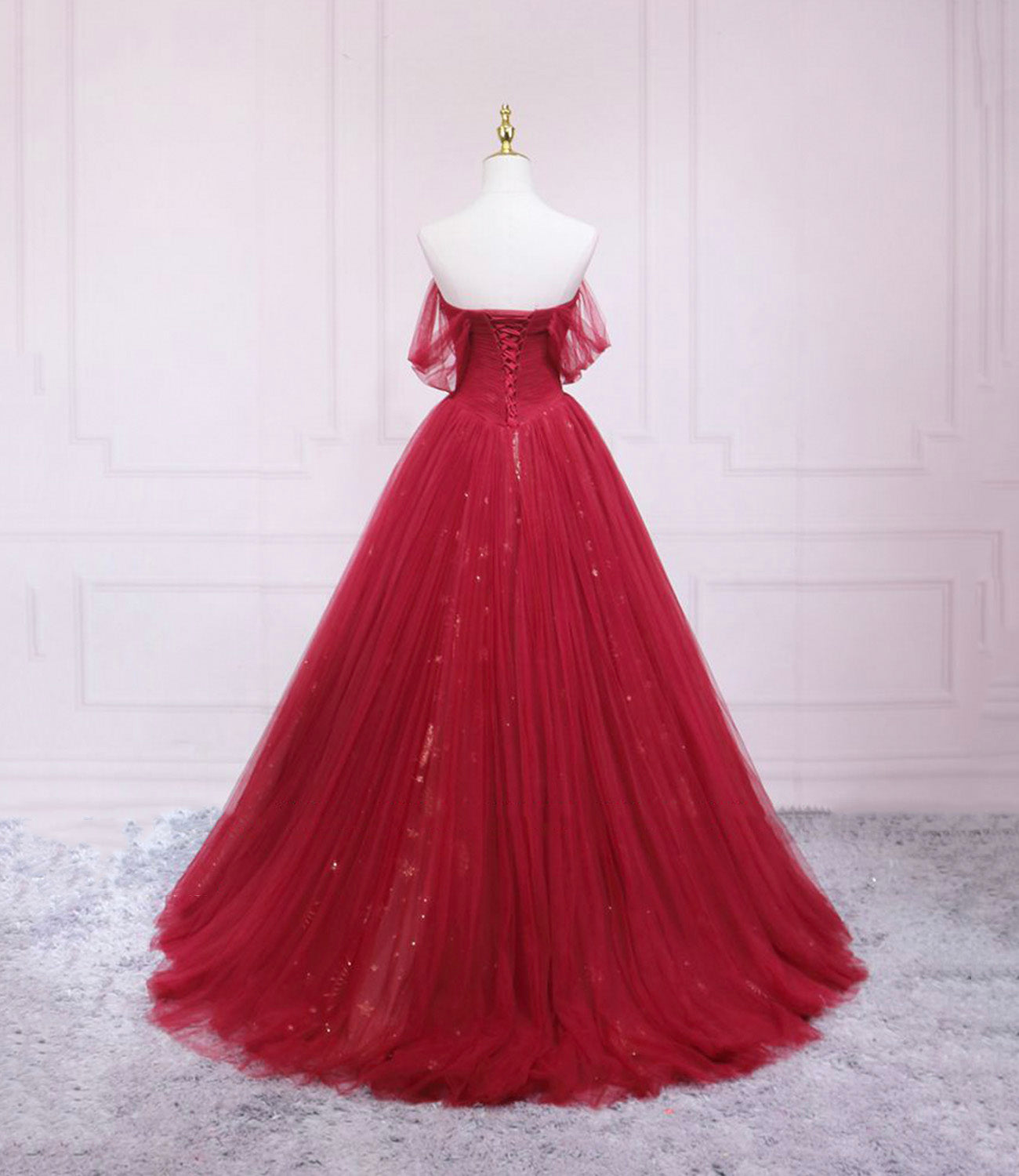 Langes Ballkleid aus rotem Tüll mit Pailletten A-Linie Abendkleid 10569