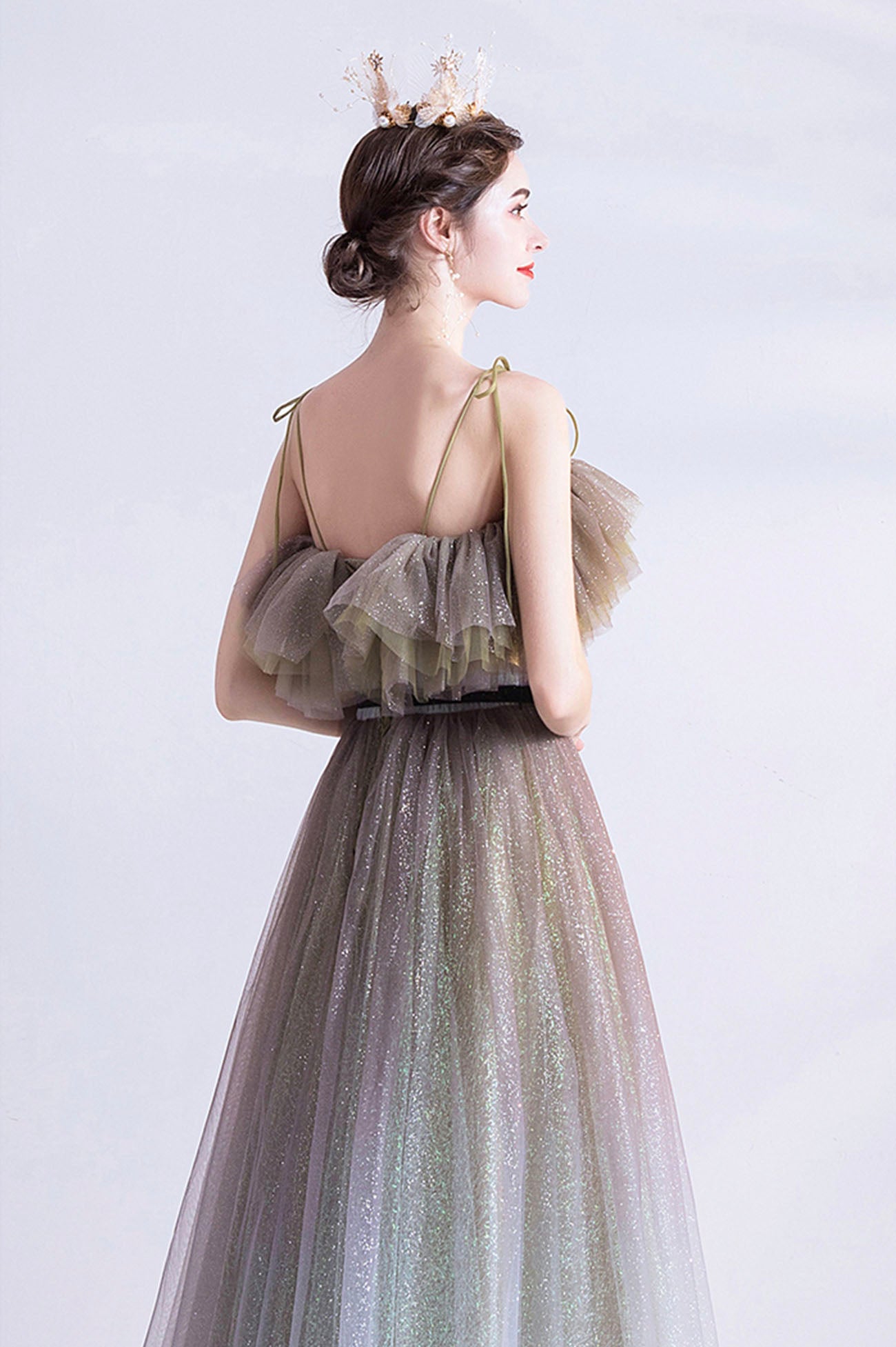 Graugrünes Tüll Pailletten langes Ballkleid Abendkleid 10616