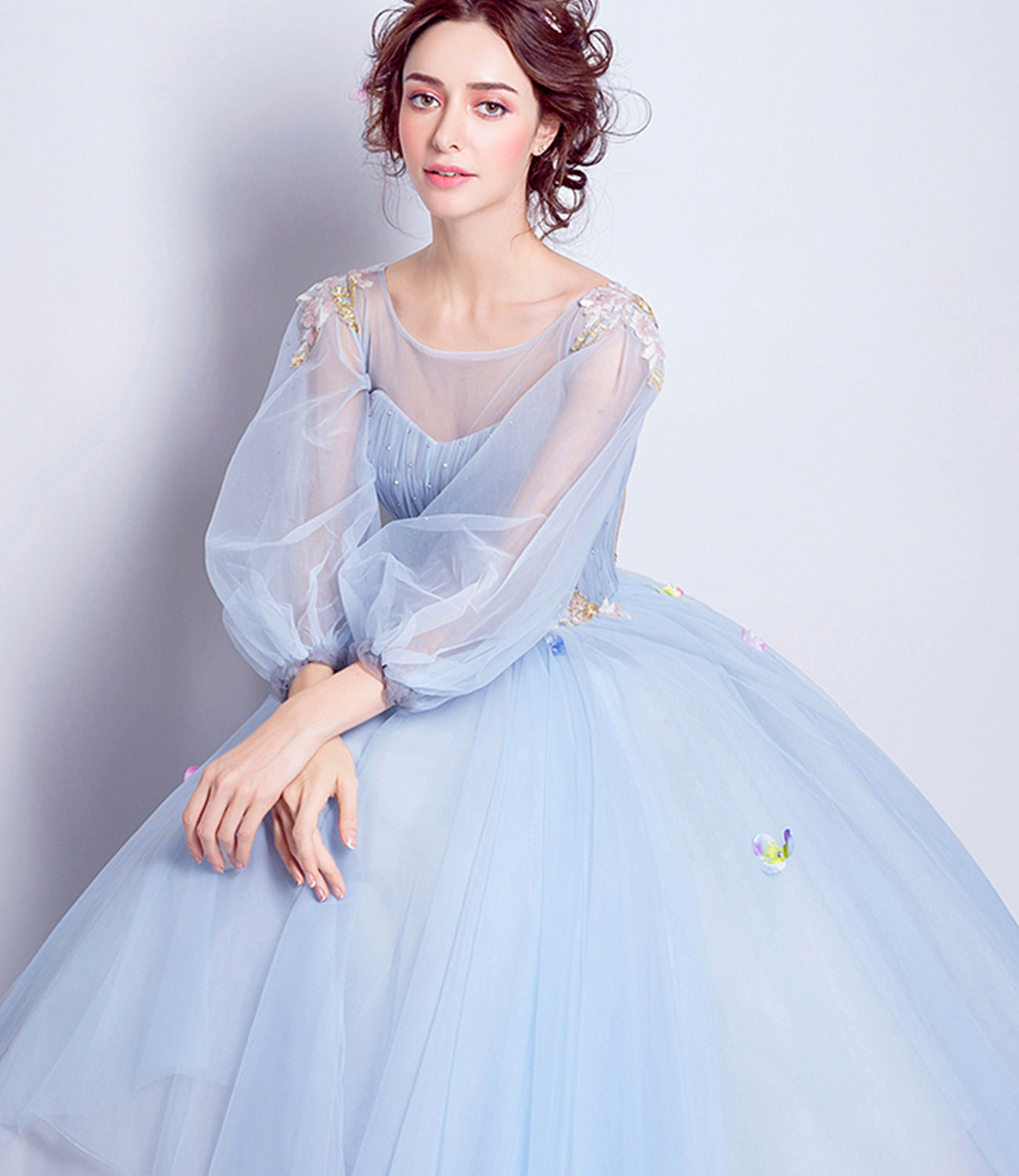 Langes Ballkleid aus blauem Tüll mit Pailletten blaues Abendkleid 10360