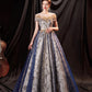 Blaues langes Abendkleid aus Tüll mit Pailletten 10361