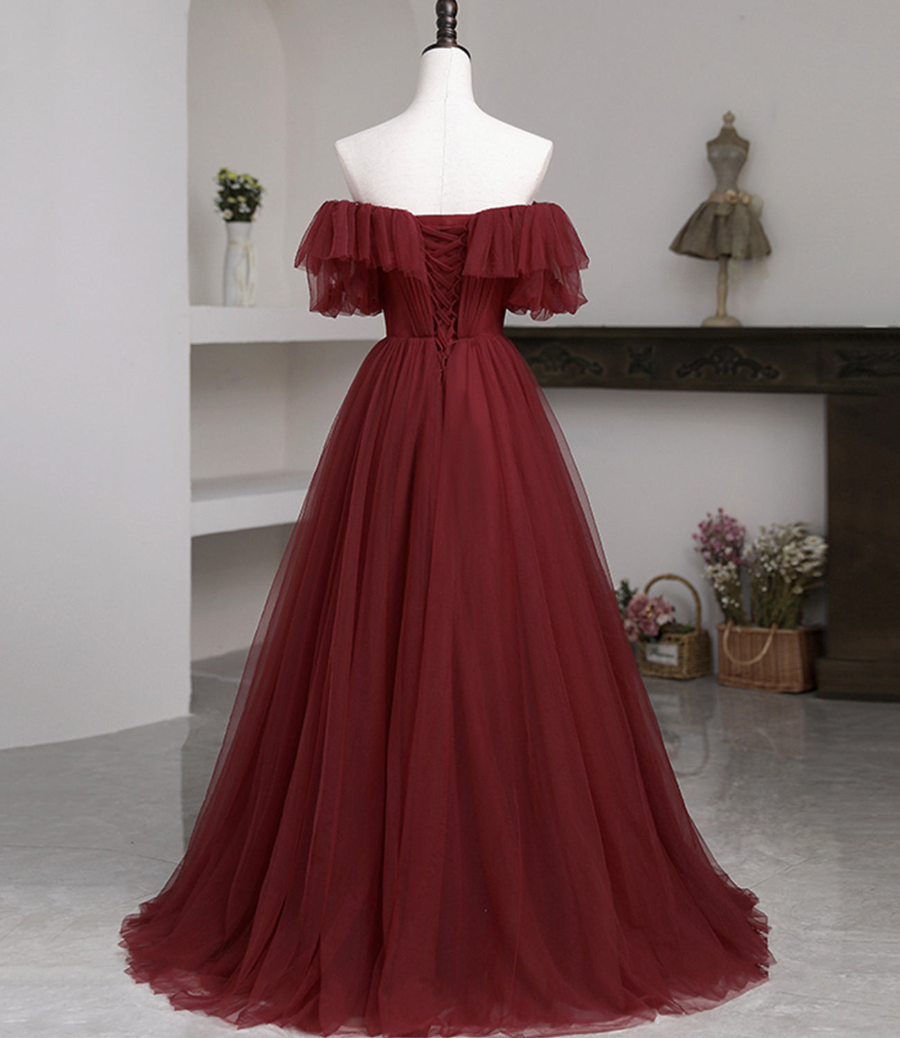 Burgund Tüll langes Ballkleid A-Linie Abendkleid 10503