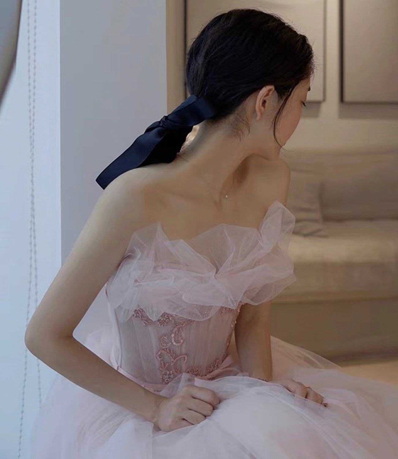 Rosa Tüll Pailletten langes Abendkleid A-Linie Abendkleid 10302