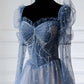 Robe de soirée longue en tulle bleu avec perles Robe de soirée trapèze 10402