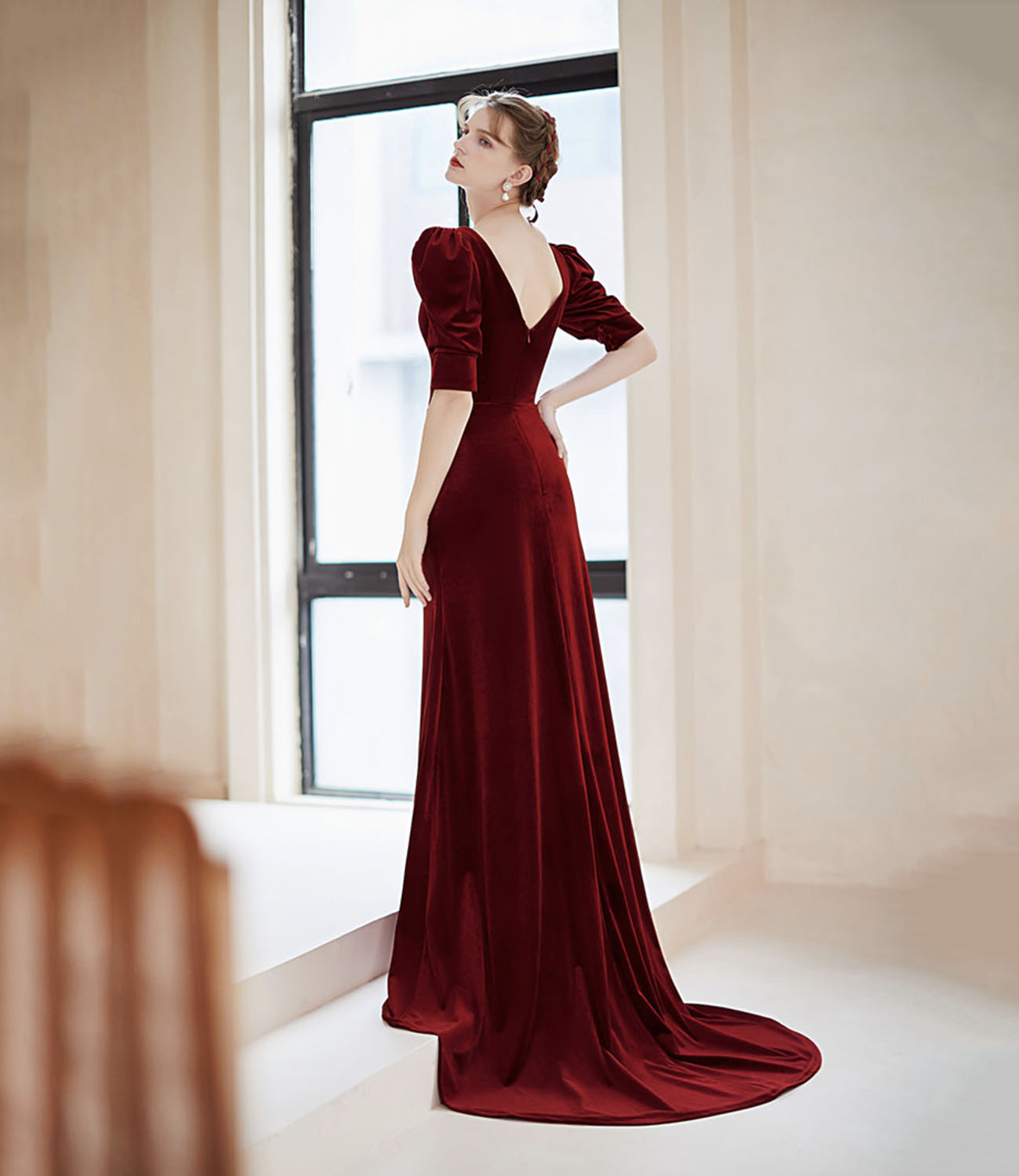 Burgundy velvet long prom dress mermaid evening dress  10414