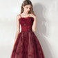 Burgundy tulle long prom dress A line evening gown  10374