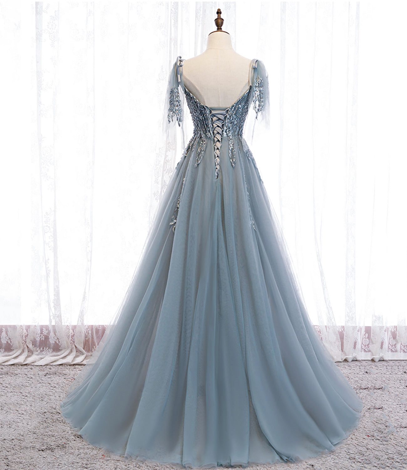 Blaues langes Ballkleid aus Tüllspitze blaues Abendkleid 10356