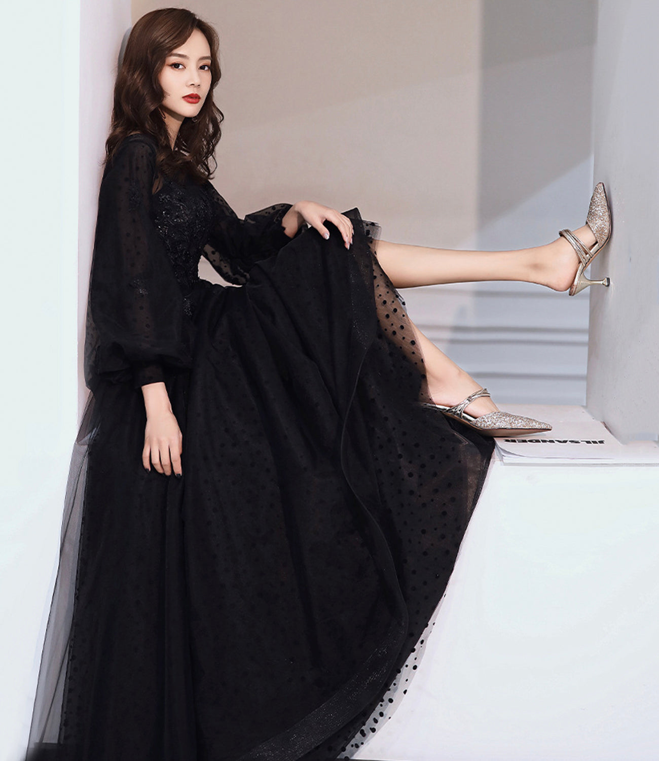 Schwarzes langes Ballkleid aus Tüllspitze A-Linie Abendkleid 10460