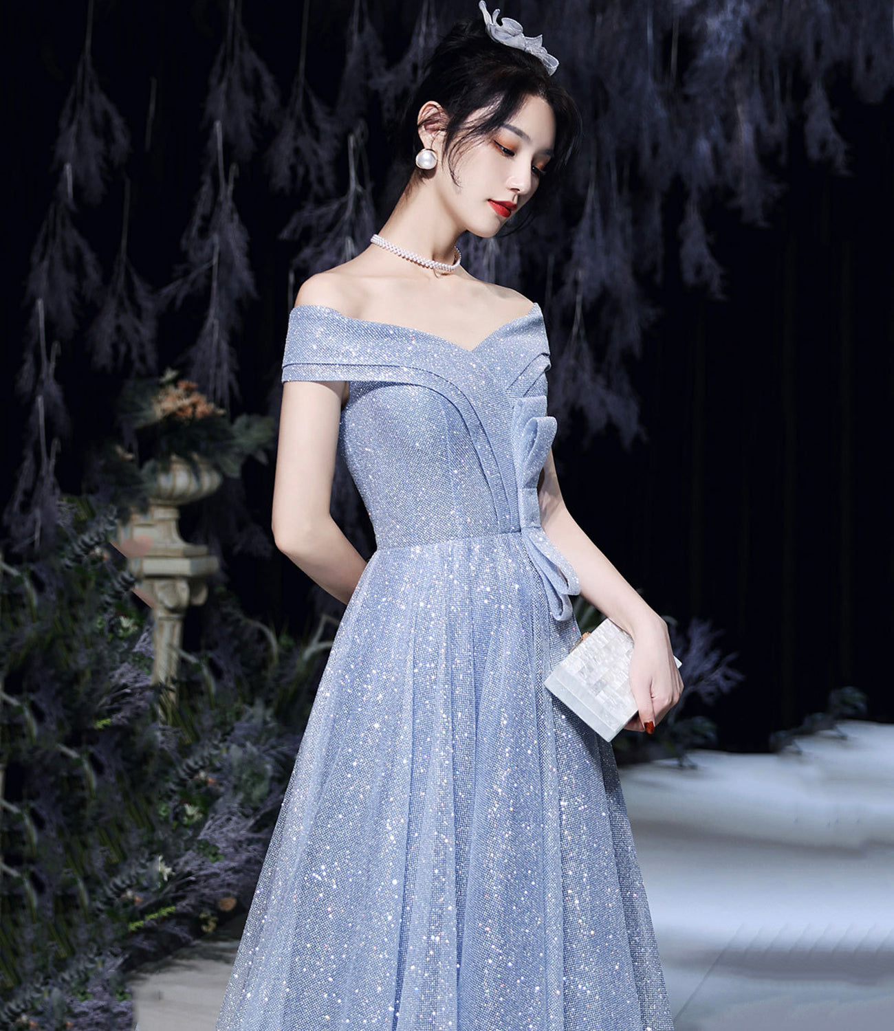 Blue tulle sequins long prom dress blue evening dress  10465
