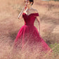 Robe de soirée longue en tulle rouge avec perles 10307
