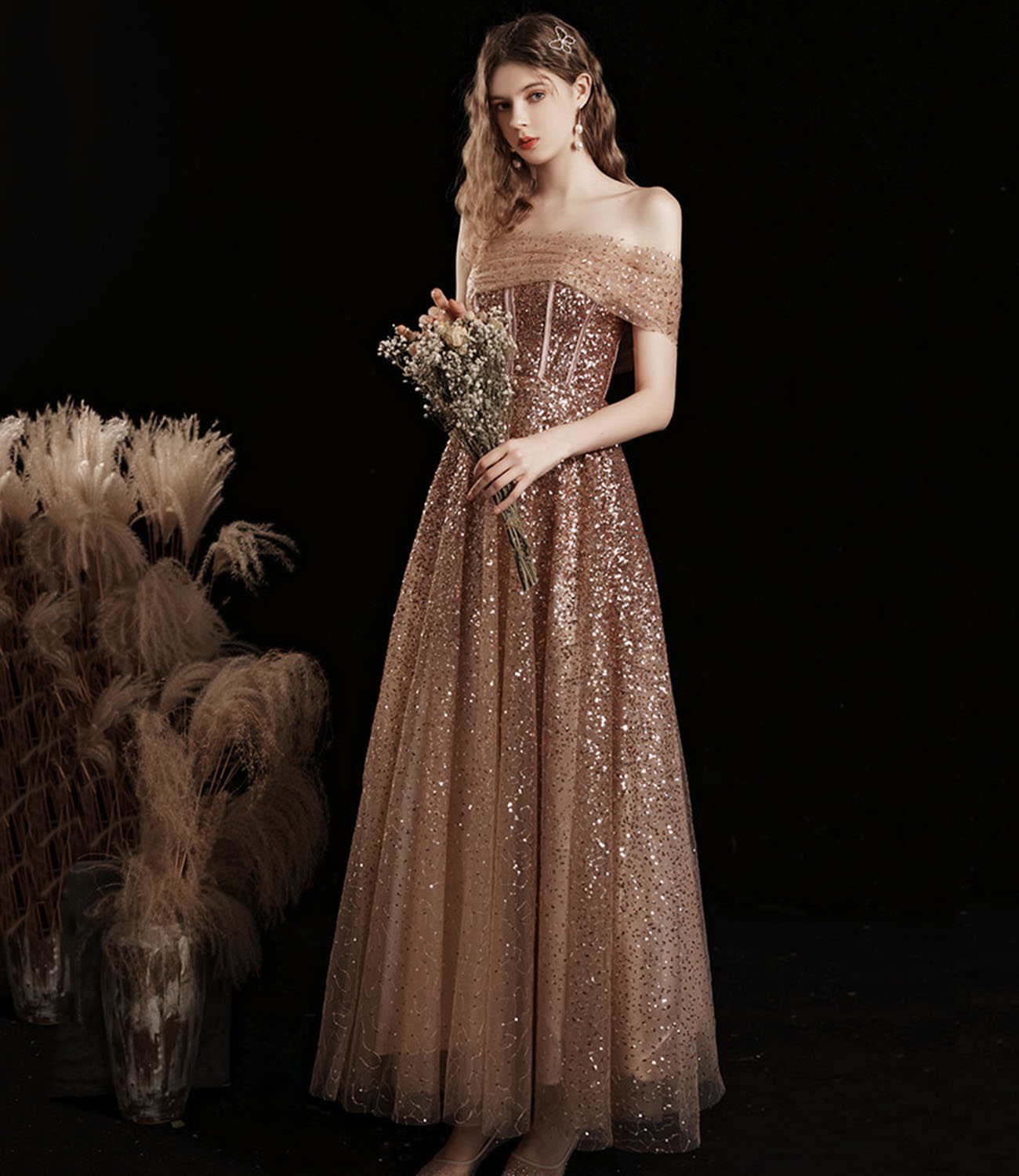 Ballkleid Abendkleid 10412 aus glänzendem Tüll mit Pailletten in Teelänge