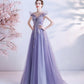 Lila Tüll Pailletten langes Ballkleid A-Linie Abendkleid 10463