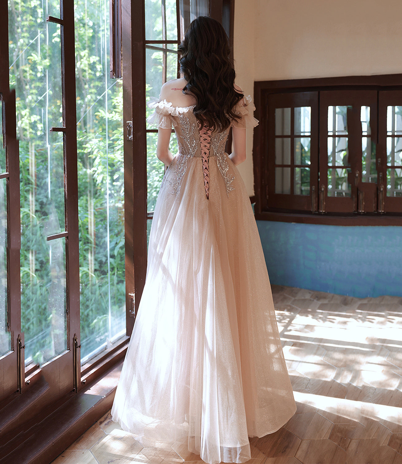 Champagne tulle long prom dress A line evening dress  10388
