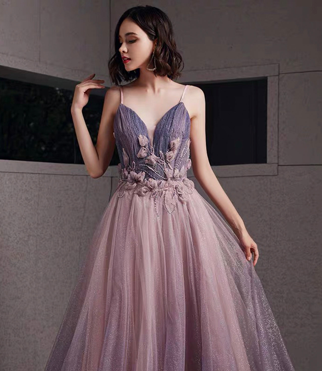 Lila Tüll Pailletten langes Ballkleid A-Linie Abendkleid 10480