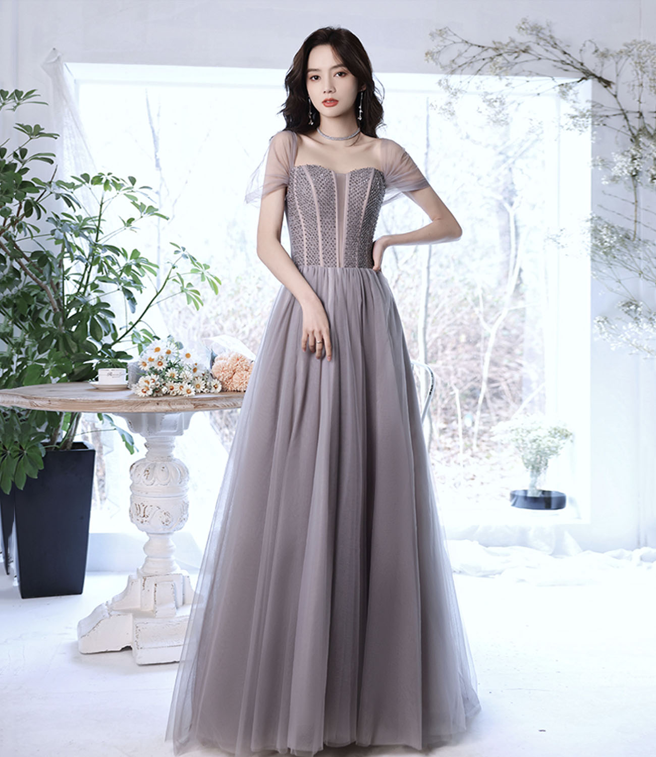 Süßes Tüll Perlen langes Ballkleid A-Linie Abendkleid 10319