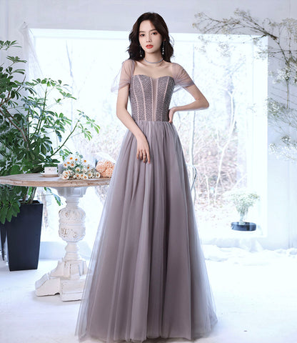 Süßes Tüll Perlen langes Ballkleid A-Linie Abendkleid 10319