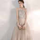 Champagner Tüll Pailletten langes Ballkleid A-Linie Abendkleid 10472