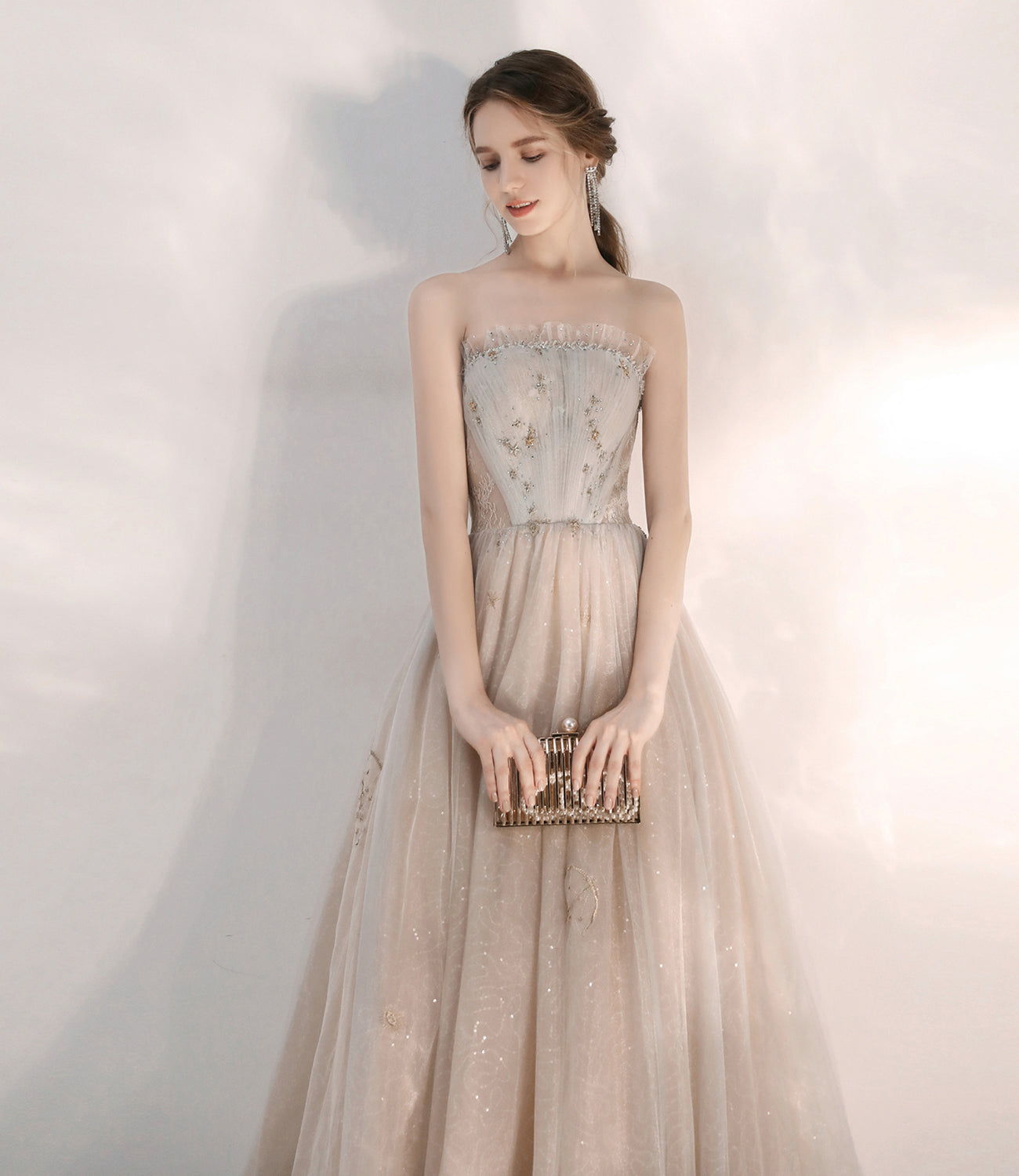 Champagner Tüll Pailletten langes Ballkleid A-Linie Abendkleid 10472