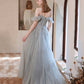 Gray tulle beads long prom dress A line evening dress  10425