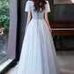 Cute tulle beads long prom dress blue evening dress  10596
