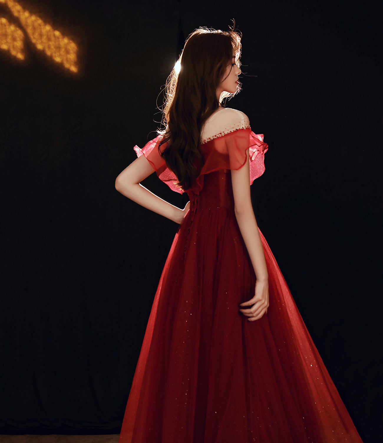 Burgundy tulle beads long prom dress A line evening gown  10481