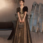 Langes Ballkleid aus schwarzem Tüll mit Pailletten A-Linie Abendkleid 10441