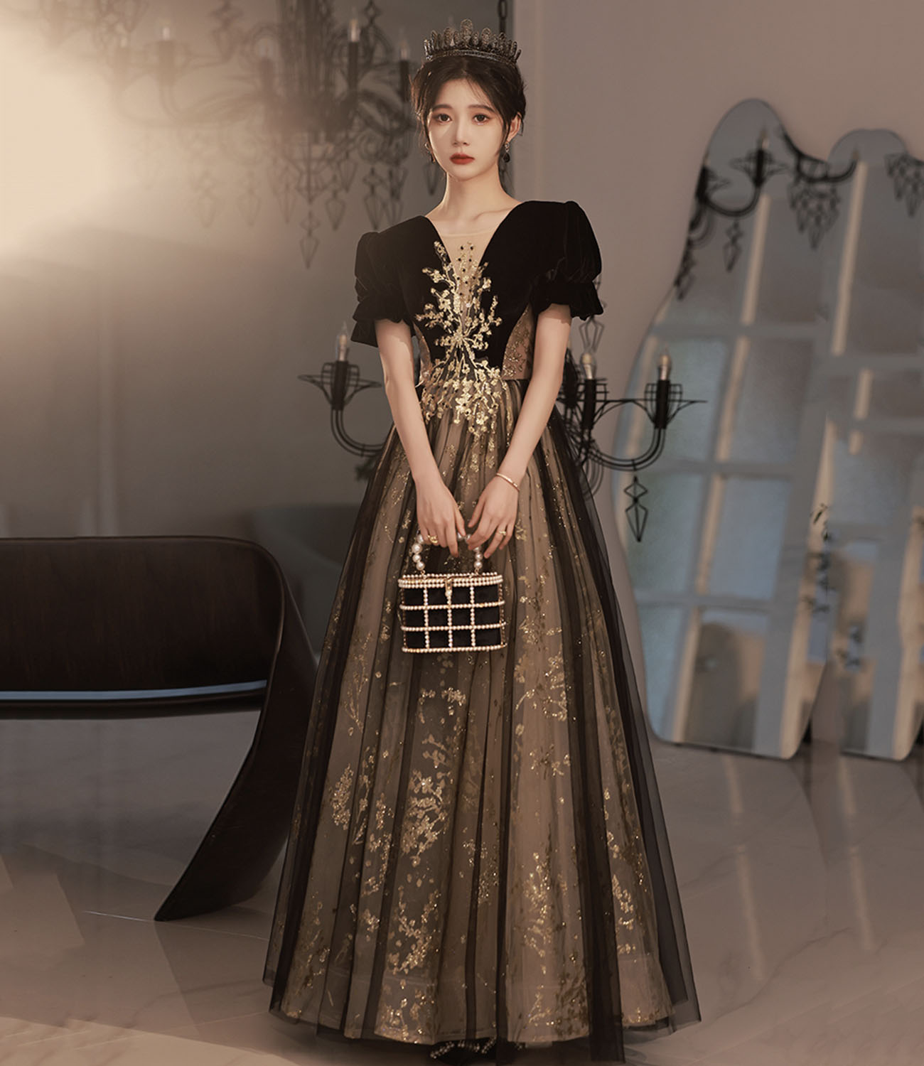 Langes Ballkleid aus schwarzem Tüll mit Pailletten A-Linie Abendkleid 10441